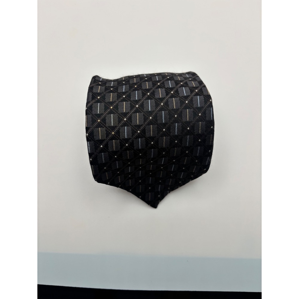 Calvin Klein Mens Silk Necktie Black Grey Geometric Grid Pattern Silk Tie